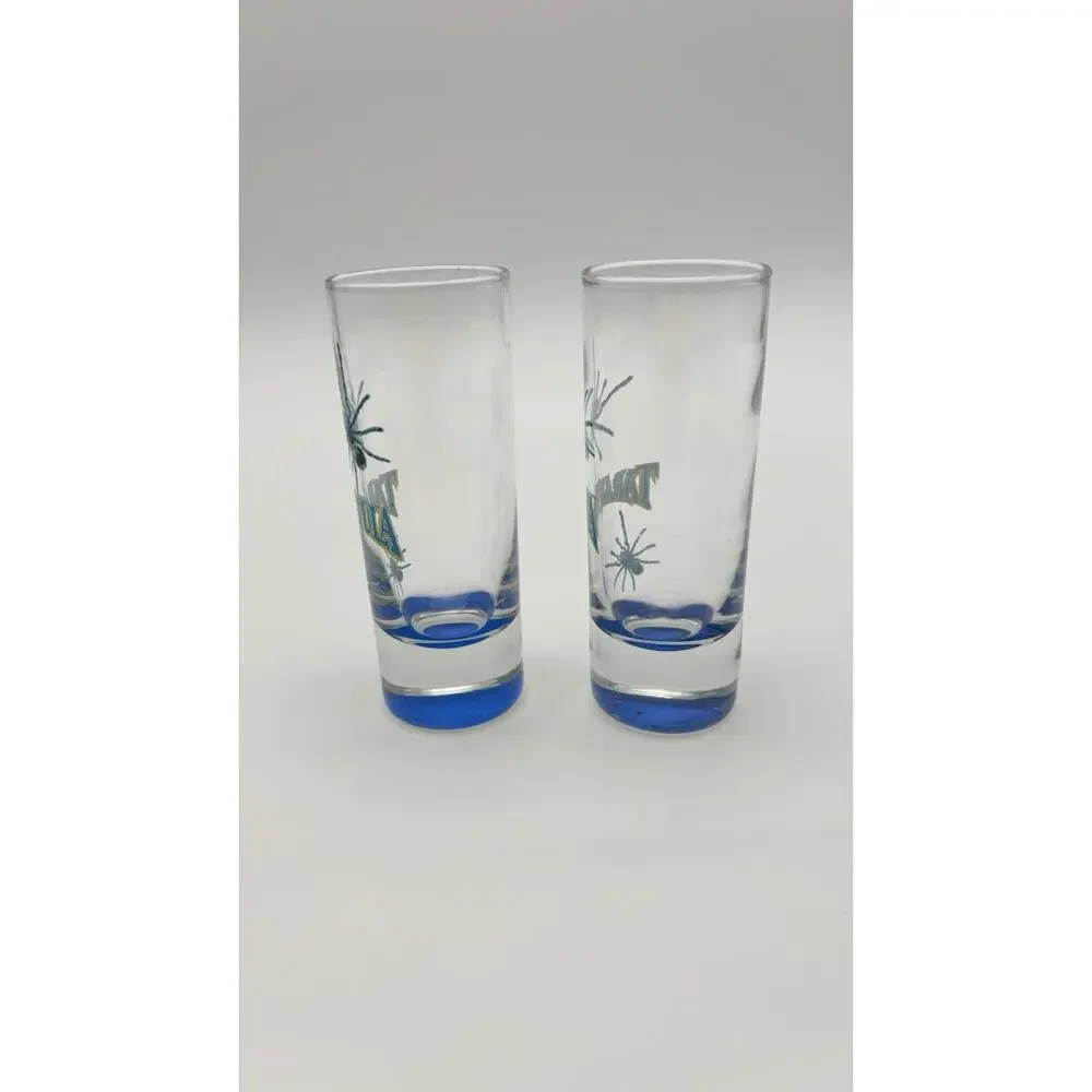 Set Of 2 Tarantula Tequila Shot Glasses Spiders Blue & Clear Very Good Condition